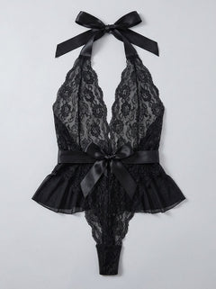 Halter Teddy V Neckline Ruffle With Ribbon Belt – Red, Black & Blue
