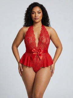 Halter Teddy V Neckline Ruffle With Ribbon Belt – Red, Black & Blue