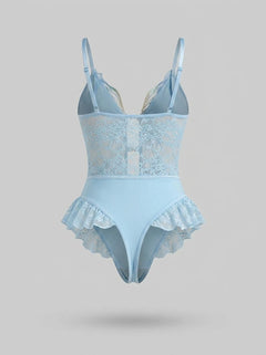Luxury Blue Lace Butterfly Bodysuit with Deep V-Neck and Ruffled Trim