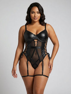 Black PU Leather Mesh Bodysuit By Scandals - Elegant Hollow Waist Design, Sophisticated Sensuality