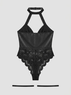 Sexy PU Leather Lace Zippered Halter Bodysuit