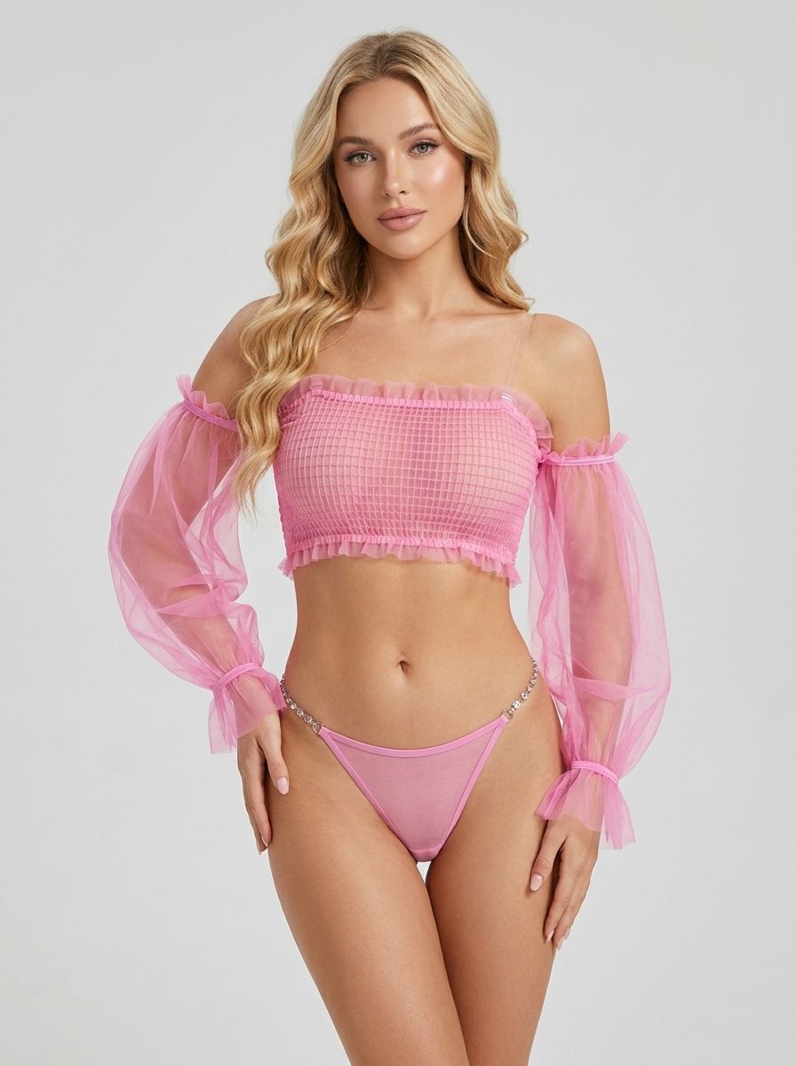 Pink See Through Mesh Metal Chain Long Sleeve Lingerie Set by Scandals