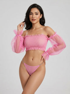Pink See Through Mesh Metal Chain Long Sleeve Lingerie Set by Scandals