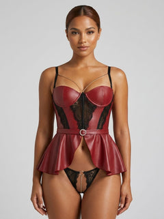 Burgundy Removable Chains Faux Leather Lace Sexy Bodysuit by Scandals