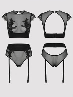 Black Sexy High Waist Elegant Embroidery Bra And Garter Panty Set