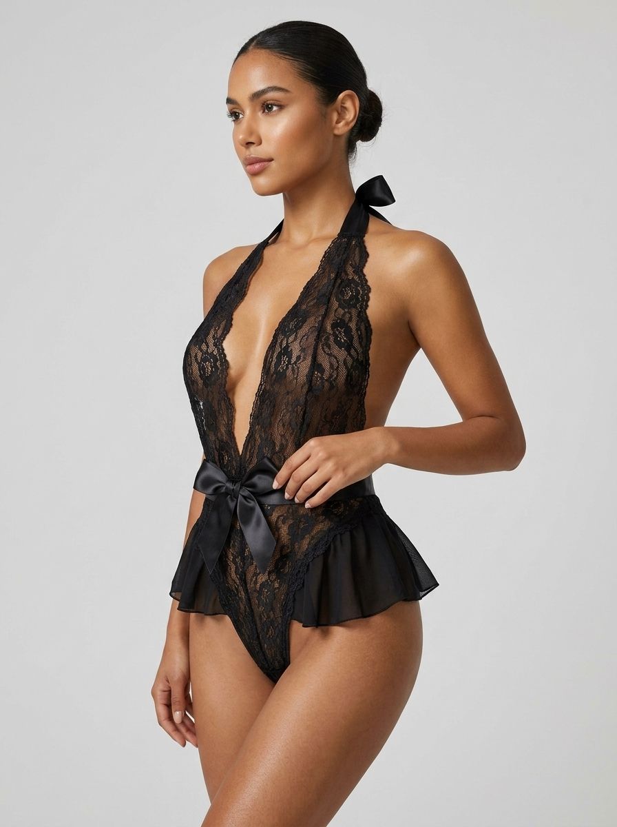 Halter Teddy V Neckline Ruffle With Ribbon Belt – Red, Black & Blue