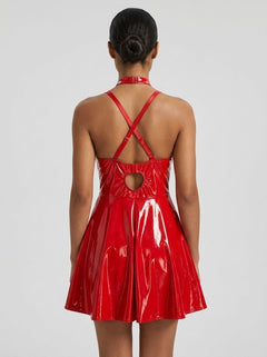 Sexy Deep V-Neck Wet Look Faux Leather Suspender Nightdress