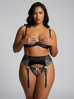 Open Bust Bra 3 Piece Set with Garter Panty and G-String for Ultimate Seduction