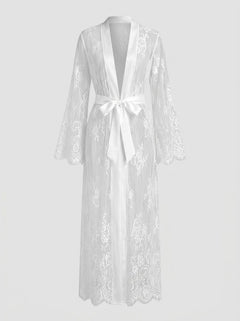 Luxurious Lace Satin Mesh Nightgown With Belt - Elegant Sleepwear For Special Occasions