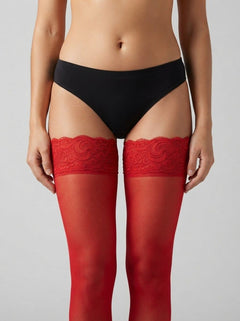 Red Dreamgirl Women's Sheer Thigh-High Stockings With Silicone Lace Stay-Up Top