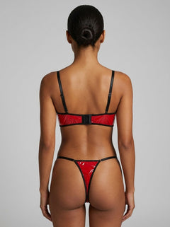 Red Sexy Patent Faux Leather Mesh Zippered Bra Set - Bold Elegance with Daring Reveal