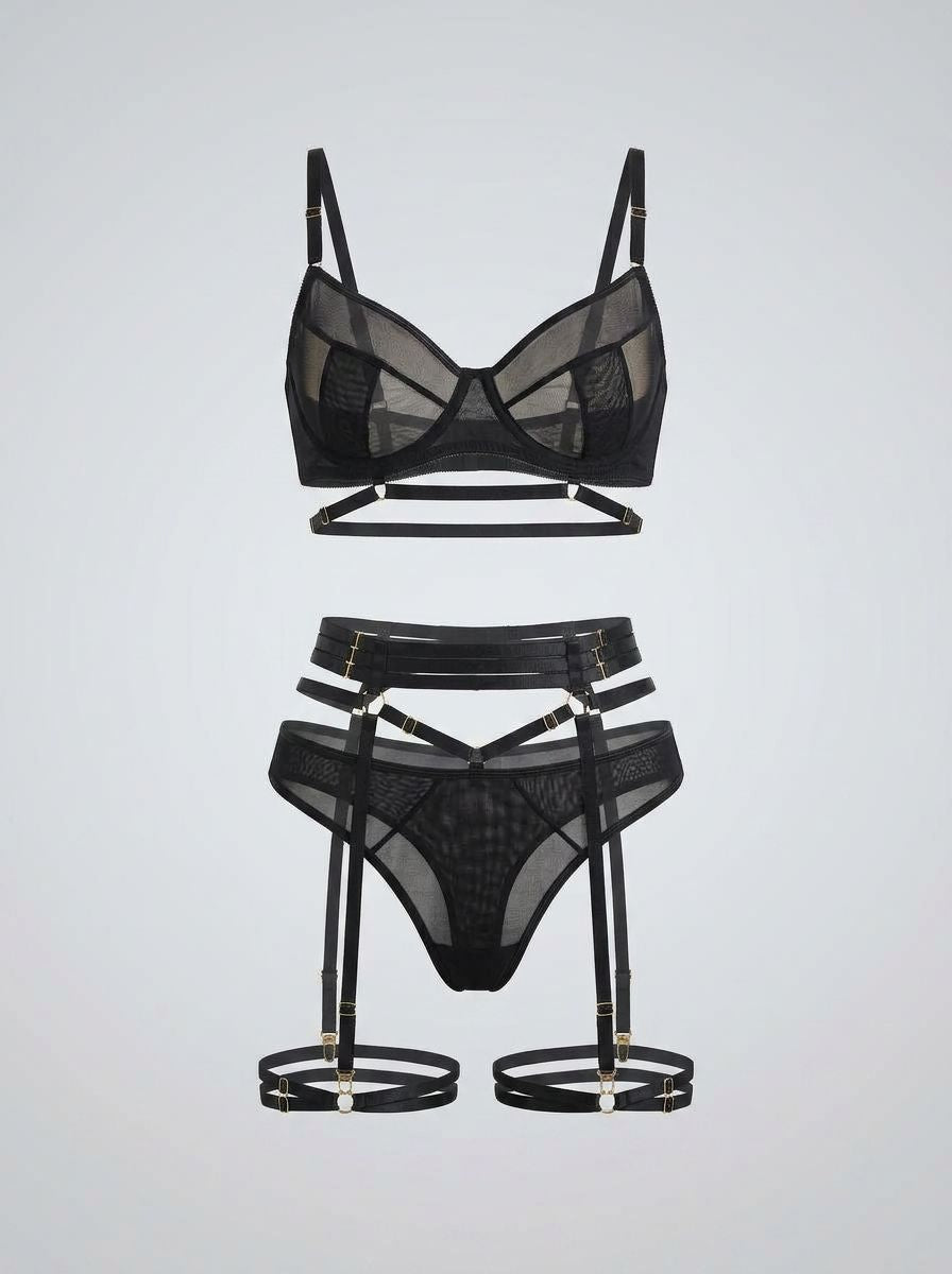 Black Scandals Mesh Underwire Garter Lingerie Set with adjustable garters, featuring mesh fabric and intricate lace details.