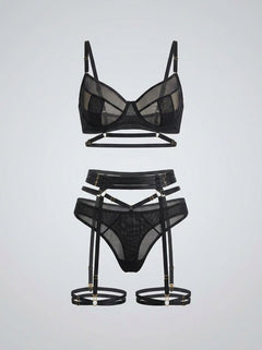 Scandals Mesh Underwire Garter Lingerie Set - Black | Adjustable Garters