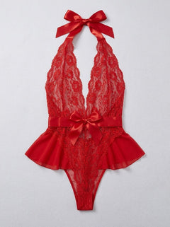 Halter Teddy V Neckline Ruffle With Ribbon Belt – Red, Black & Blue