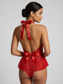 Halter Teddy V Neckline Ruffle With Ribbon Belt – Red, Black & Blue