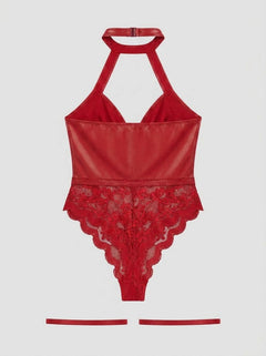 Sexy PU Leather Lace Zippered Halter Bodysuit