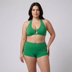 Plus Size. Vibrant Halterneck Bralette & High-Waisted Shorts Set – Assorted Colours