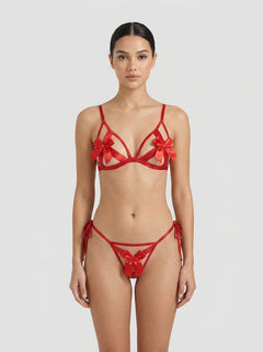 Red Hollow Out Bow-Knot Bra Set with Wristband