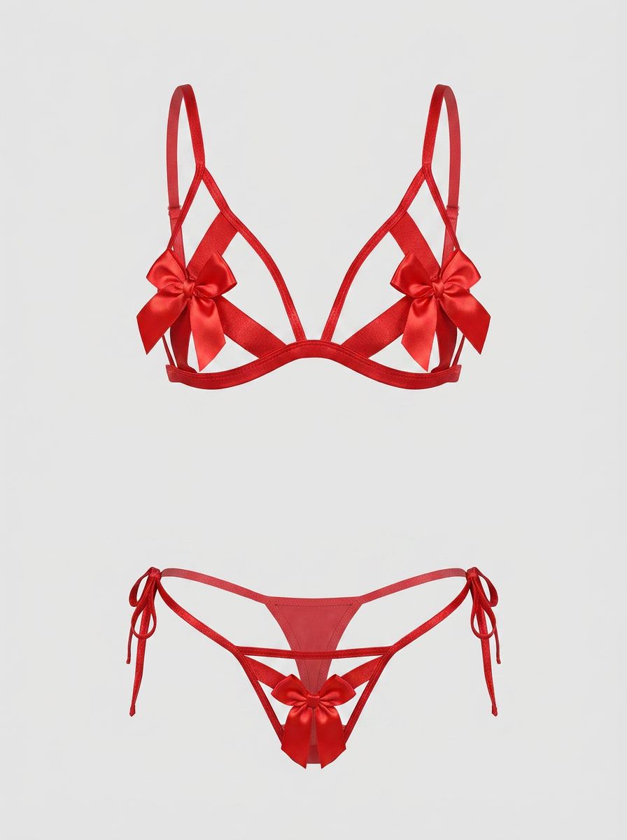 Red hollow-out bow-knot lingerie set with matching wristband by Scandals, featuring delicate lace and bow accents.