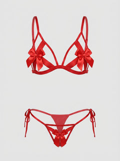 Red Hollow Out Bow-Knot Bra Set with Wristband