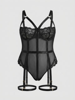 Demi Cup Bust One Piece Teddy with Snap Crotch & Leg Garters by Scandals