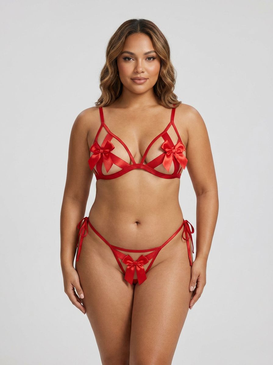 Red Hollow Out Bow-Knot Bra Set with Wristband