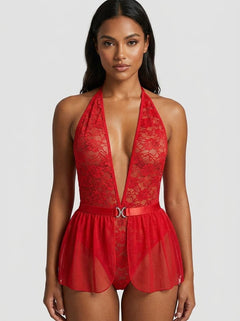 Elegant Lace Mesh Halter Neck Open Crotch Teddy Lingerie Set - 2 Piece Alluring Design