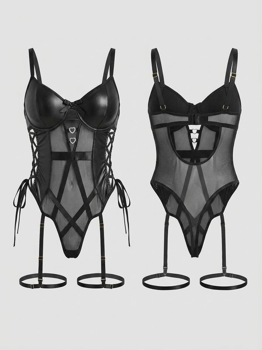 Black PU leather mesh bodysuit by Scandals Lingerie with hollow waist design, showcasing elegant and sensual lingerie details.