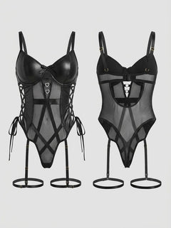 Black PU Leather Mesh Bodysuit By Scandals - Elegant Hollow Waist Design, Sophisticated Sensuality