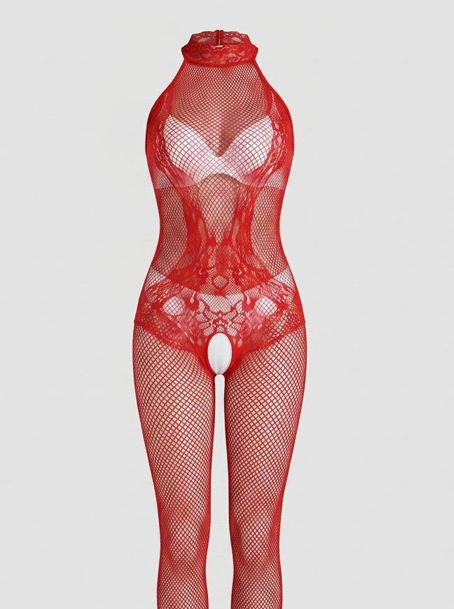 Scandals lace and fishnet turtleneck bodystocking featuring intricate lace details and fishnet fabric, form-fitting and stylish.