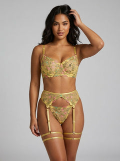 Sexy Mesh Embroidery Floral Lace Bra Set with Garter Leg Rings