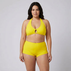 Plus Size. Vibrant Halterneck Bralette & High-Waisted Shorts Set – Assorted Colours