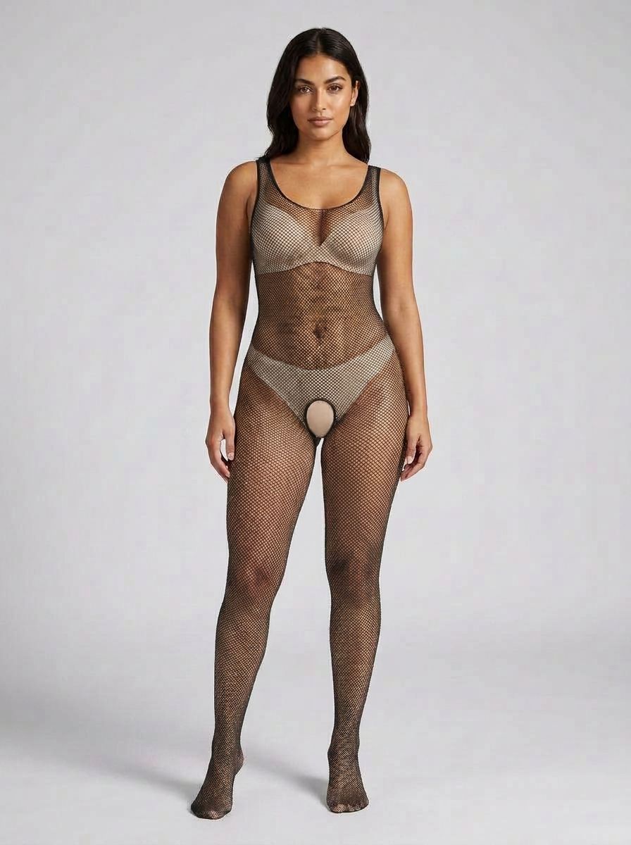 Lace by LJ Fishnet Crotchless Bodystocking Black