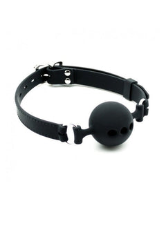 Silicone Breathable Ball Gag – Scandals lockable breathable silicone ball gag with silver hardware and raised faux stitching detail, luxury bondage accessory