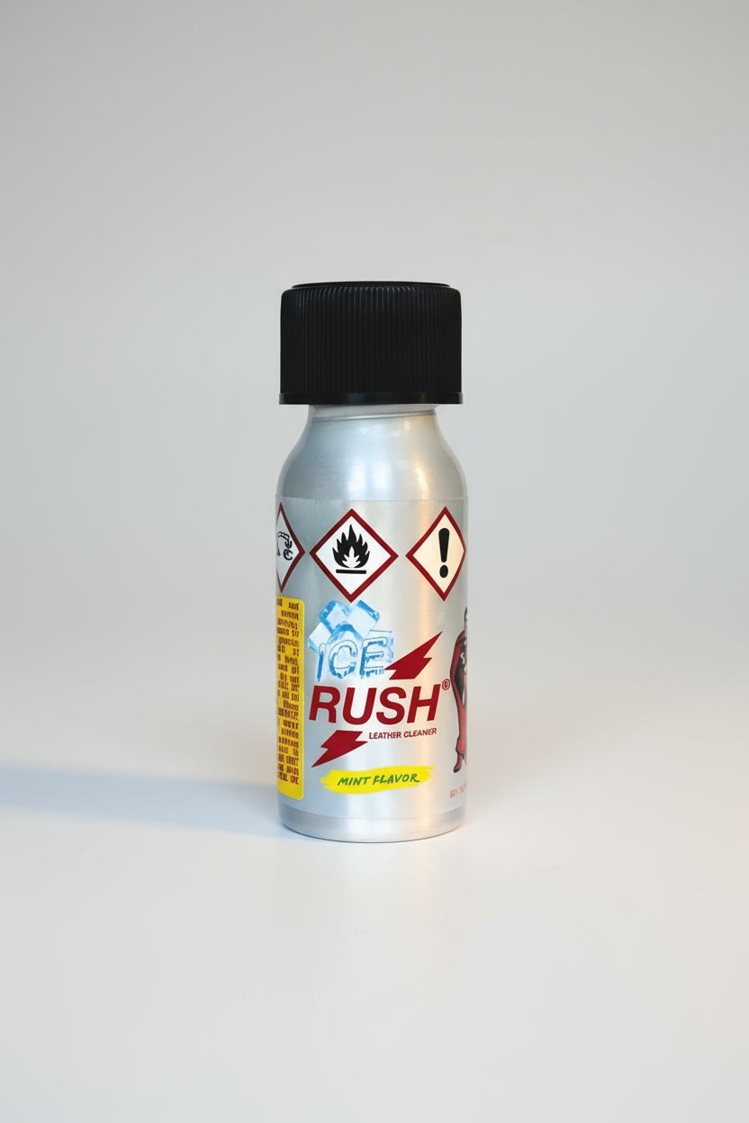 Rush ICE RUSH 30ml Mint Aroma Leather Cleaner bottle with mint-scented leather cleaning solution in a clear plastic container.