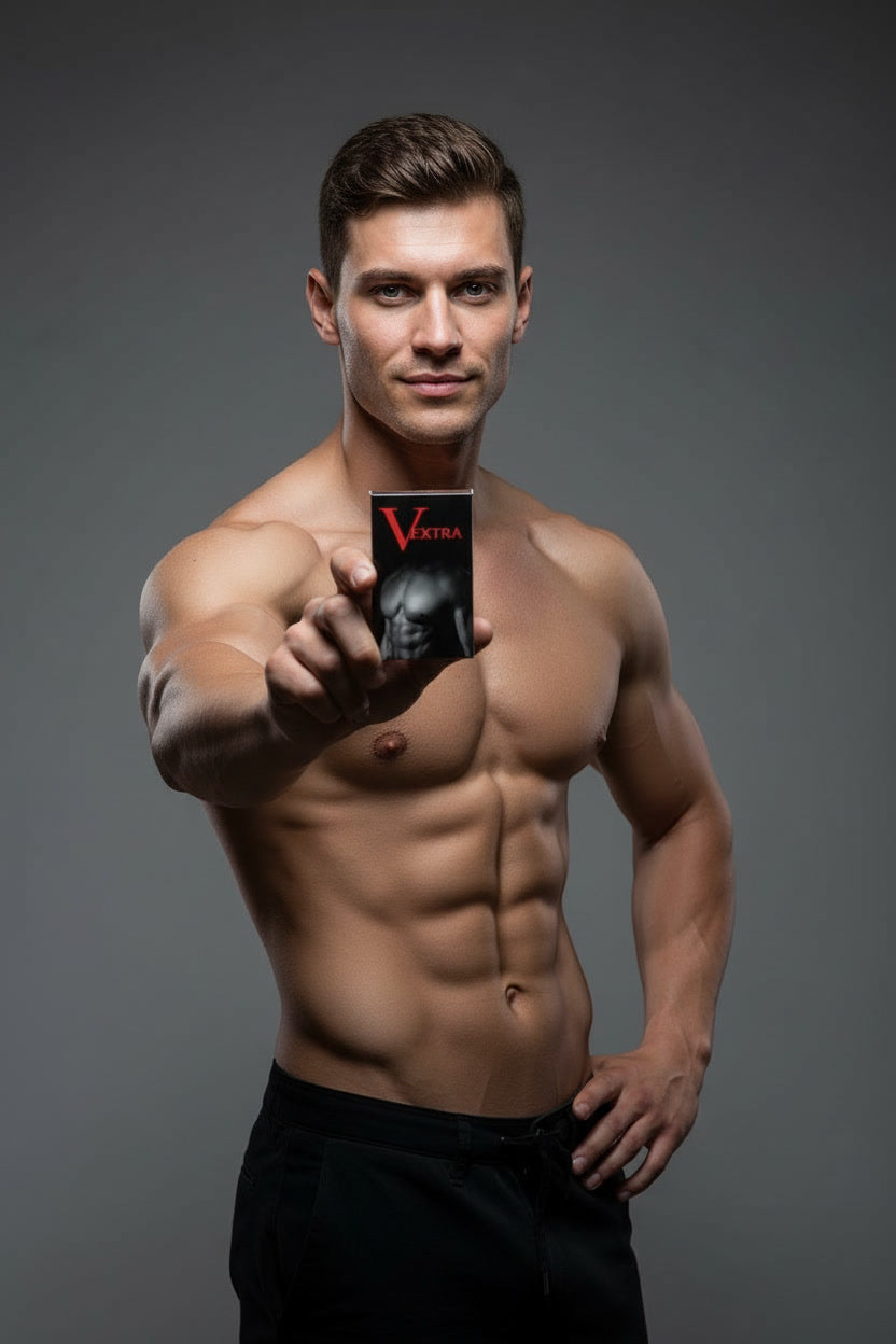 Vextra Extra Strong Supplement bottle for aphrodisiacs and enhancers, featuring vibrant packaging with branding and product details.