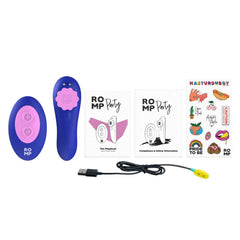 Image of ROMP Party panty remote control sex toy, purple, featuring its waterproof design ideal for adventurous encounters.