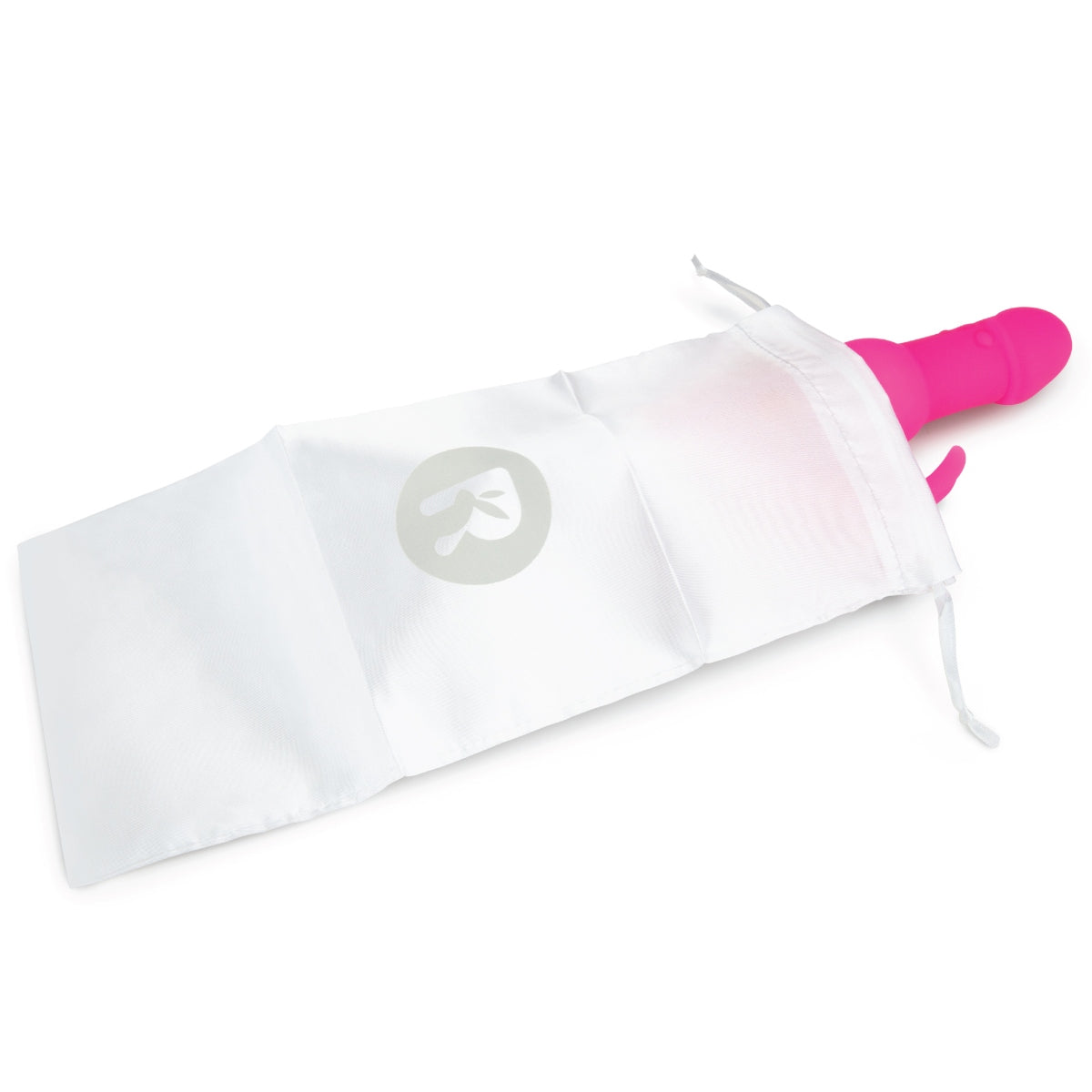 a white bag with a pink rabbit vibrator coming out on a white background