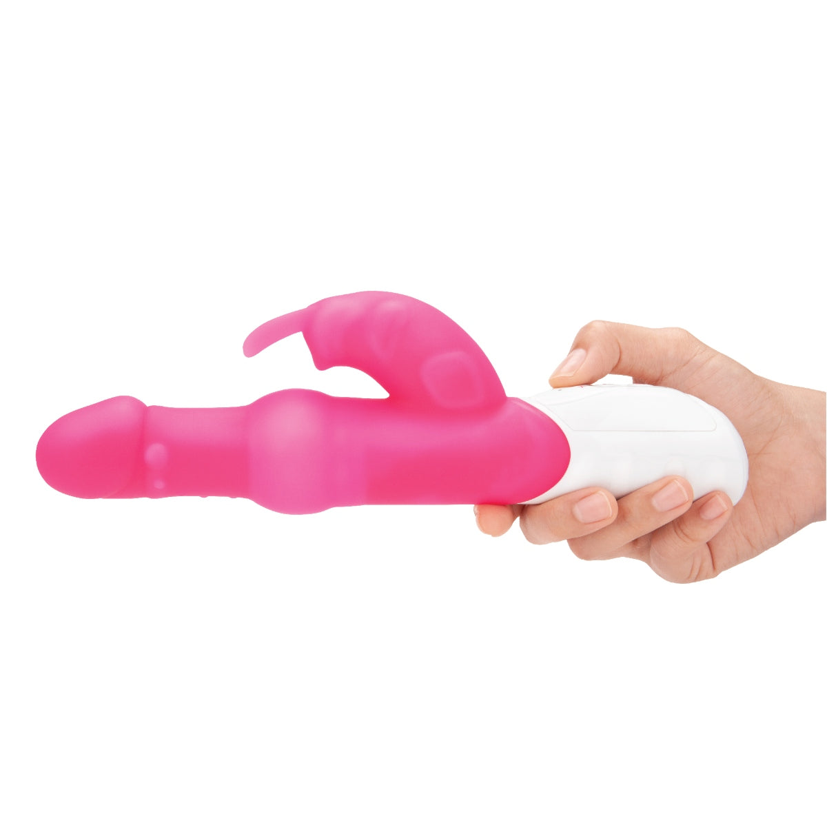 a person holding a pink and white rabbit vibrator in their hand