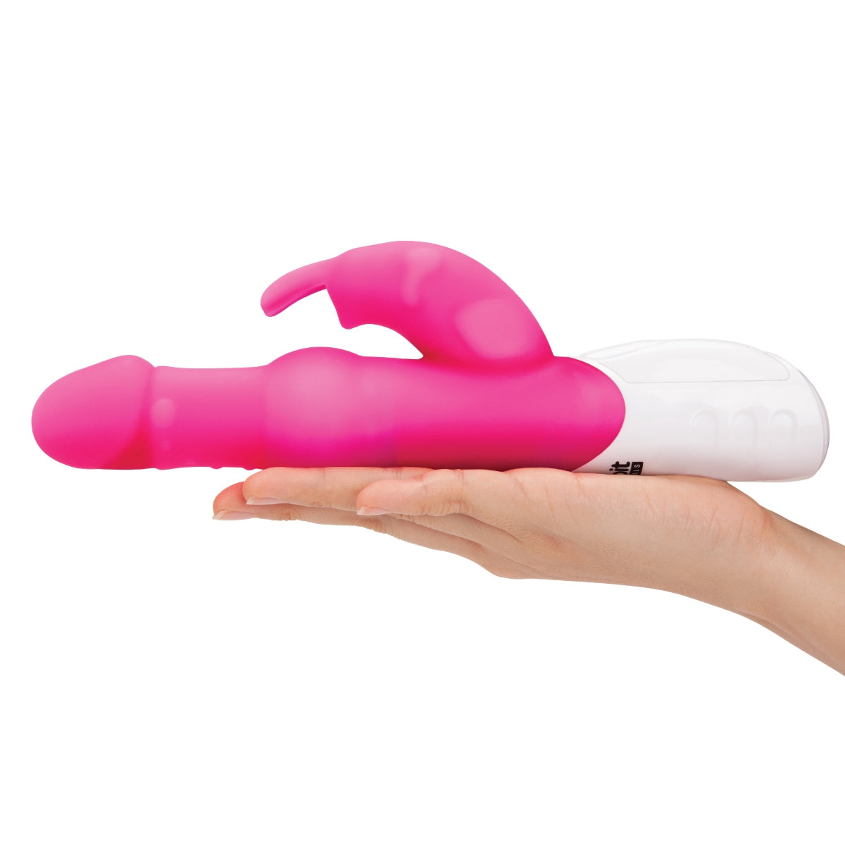 a person holding a pink and white rabbit vibrator in their hand