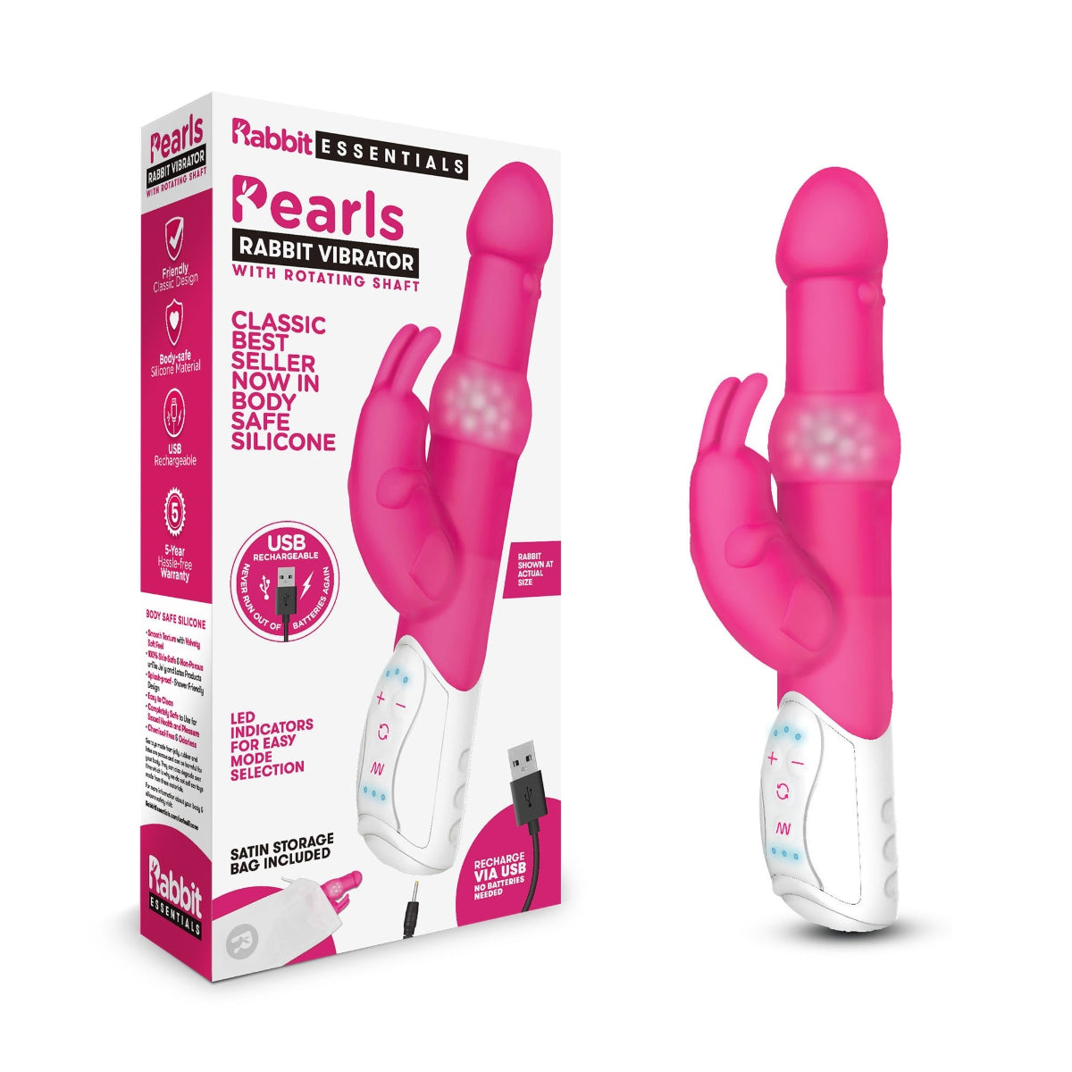 a pink rabbit vibrator in a box next to it's packaging