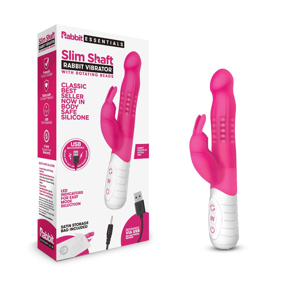 Rabbit Essential RR Rechargeable Slim Shaft Rabbit Hot Pink