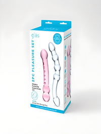 Chic packaging of the Glas 2 PC Double Pleasure Glass Dildo Set, showcasing the exquisite design and quality of the glass dildos inside.