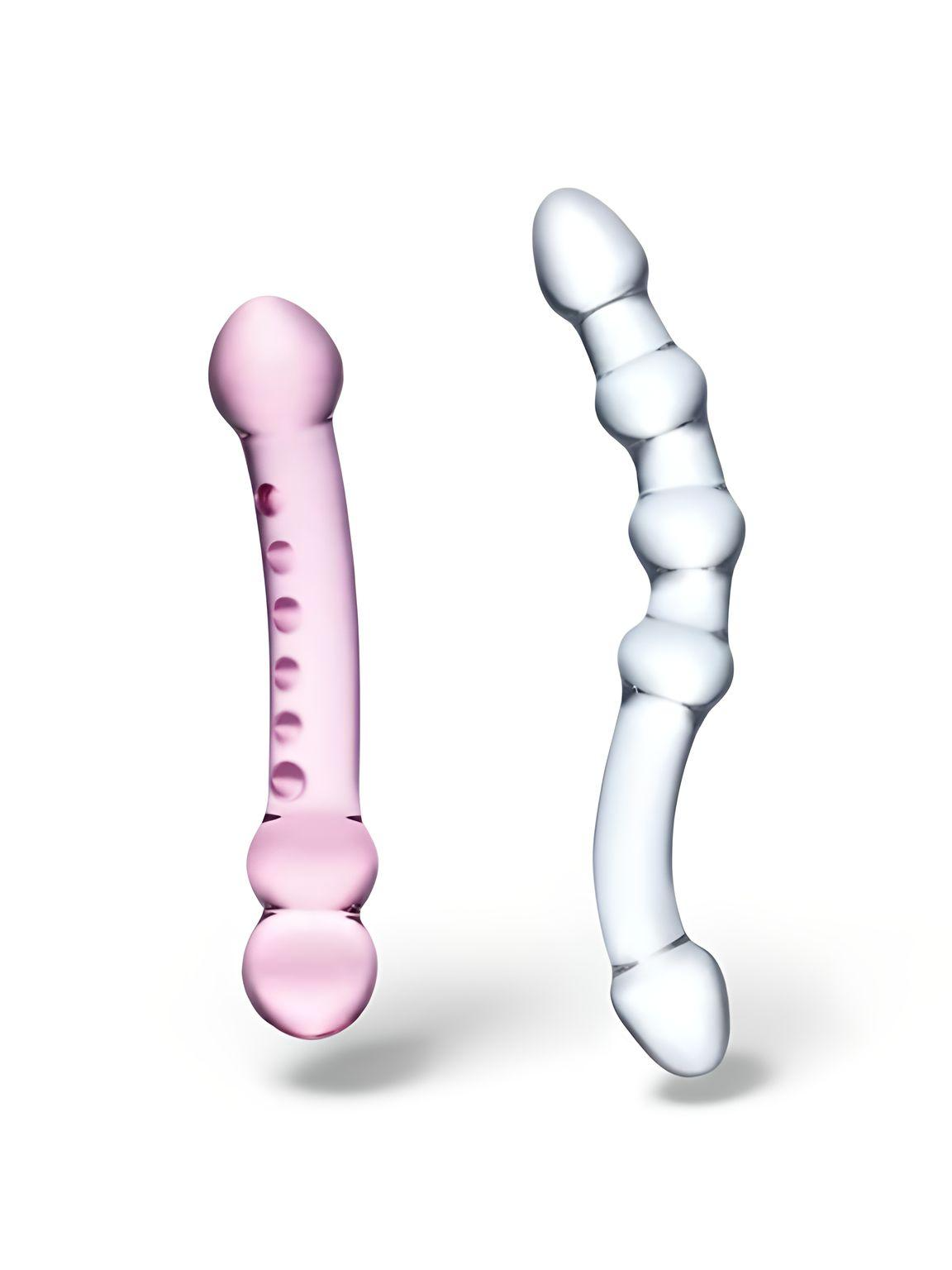 Glas 2 PC Double Pleasure Glass Dildo Set featuring two elegant double-ended glass dildos, one in pink and the other in clear, designed for luxurious sensual play.
