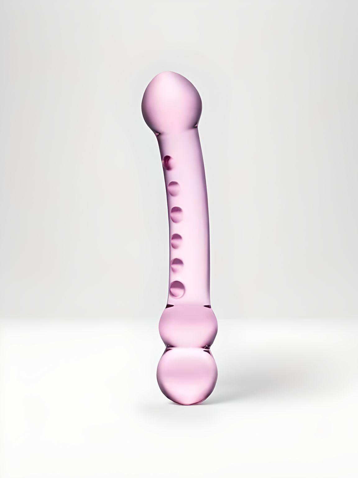 Elegant pink glass dildo from Glas 2 PC Double Pleasure Glass Dildo Set, featuring stimulating textures for luxurious intimate play.