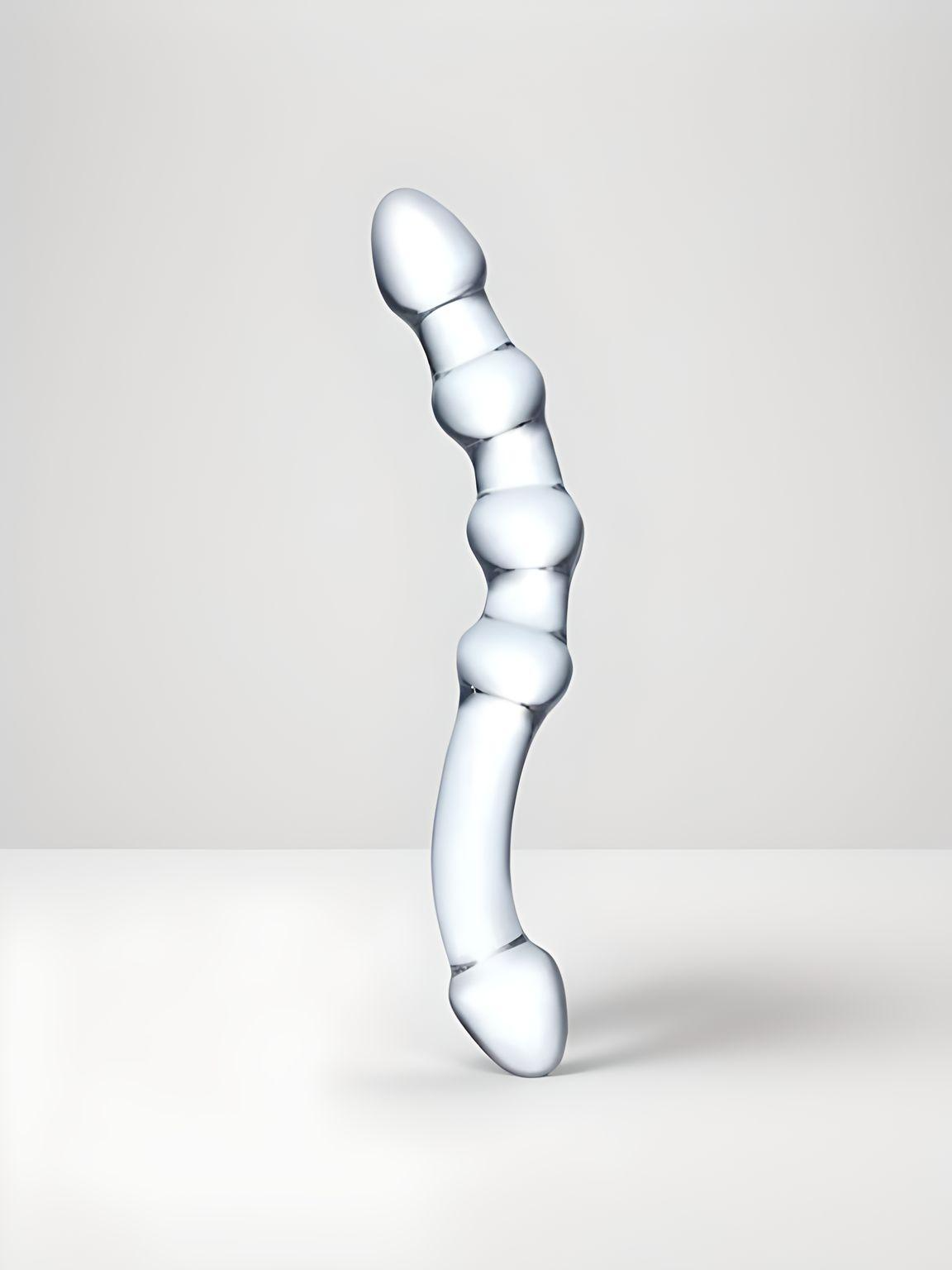 Sleek and stylish clear glass dildo from Glas 2 PC Double Pleasure Glass Dildo Set, featuring a unique beaded design for heightened pleasure.