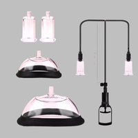 A detailed size guide for a luxury pussy pump set, showcasing the dimensions of various components including two suction cups and a base. The graphic features a stylish pink background and clear measurements, perfect for discerning users.