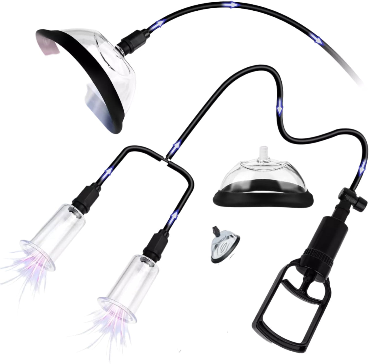 An elegant and modern pussy pump device with transparent suction cups and flexible black tubing, designed for intimate pleasure. The device features dual suction cups for enhanced stimulation and an ergonomic hand pump for easy control.