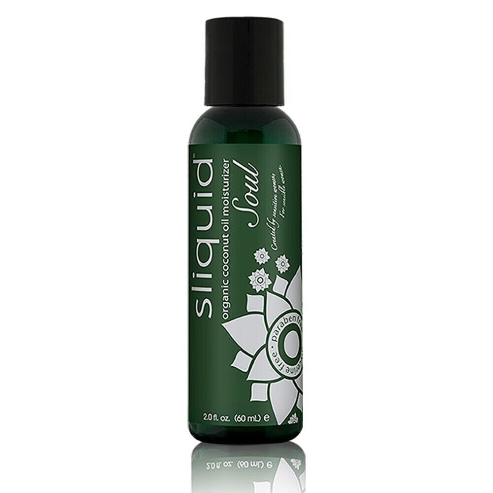 Sliquid Soul organic coconut oil moisturizer and water-based lubricant bottle with a clean label and natural coconut imagery.