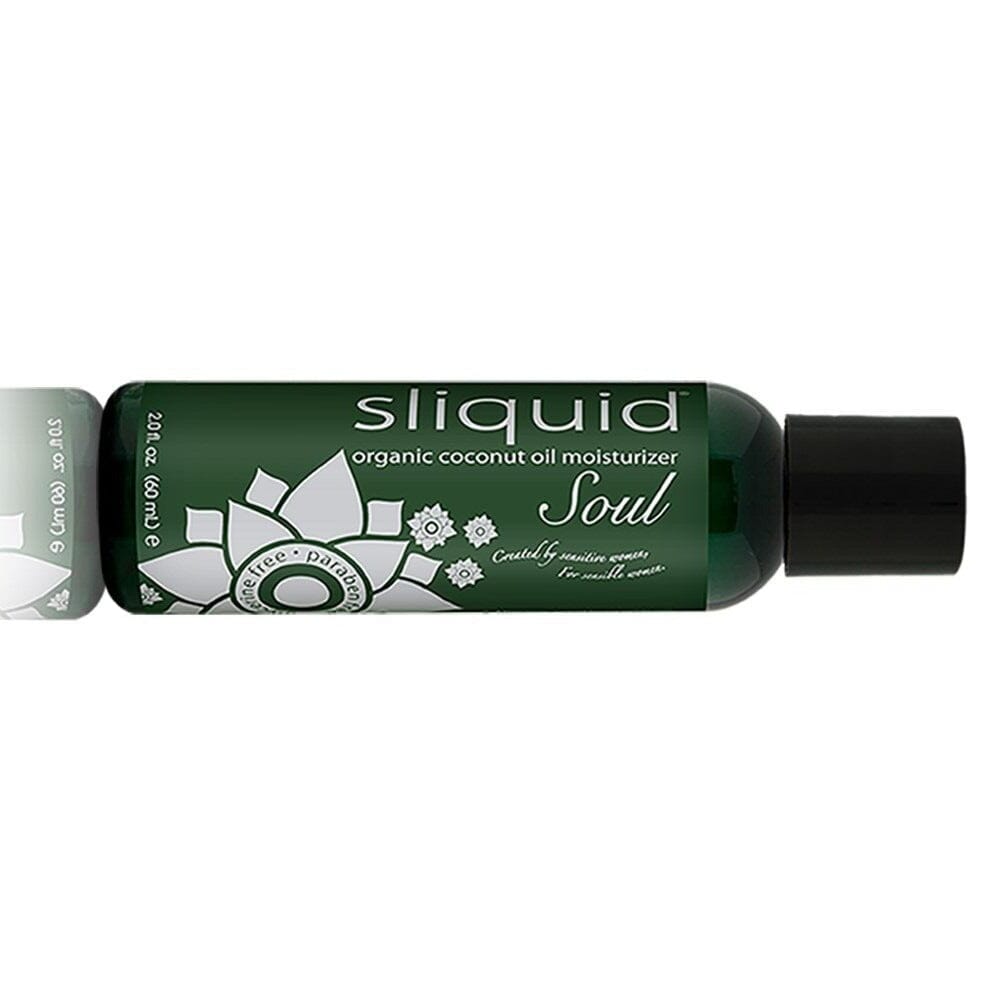 Sliquid Soul organic coconut oil lubricant bottle with clear label, water-based natural moisturizer and lubricant for intimate use